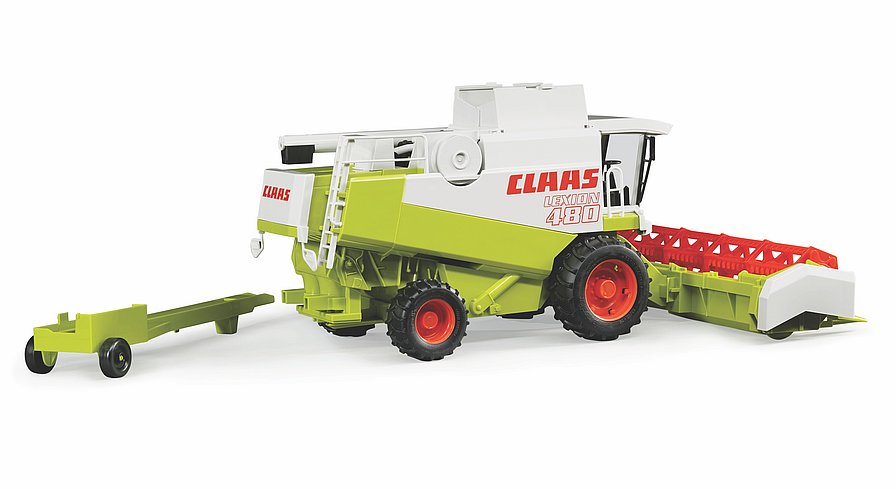 Bruder Claas Lexion 480 Mähdrescher (Modell 02120) mit abgenommenem Schneidwerk auf dem Transportwagen