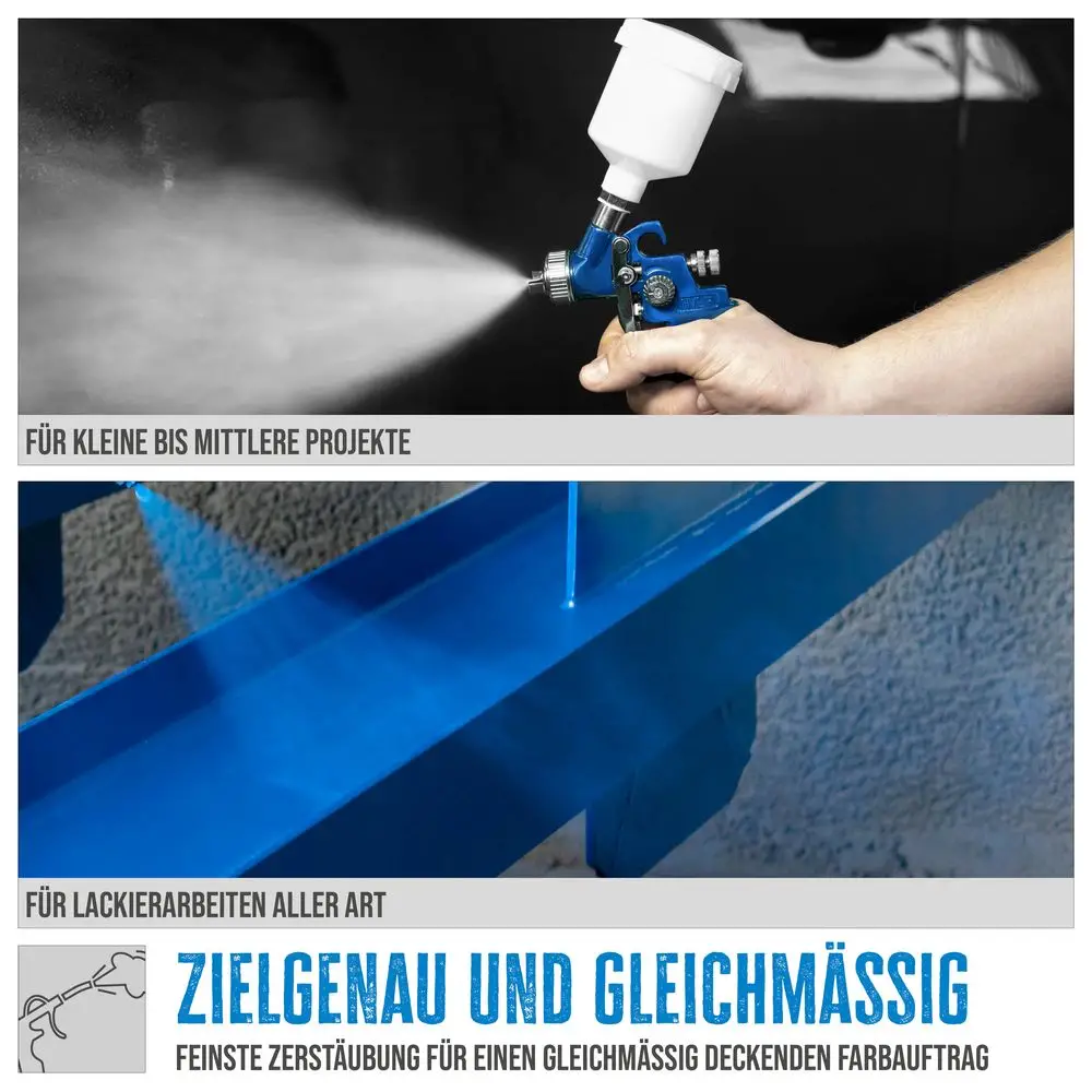 Güde Farbspritzpistole PROFI-M sprüht blaue Farbe, Infografik für kleine bis mittlere Projekte