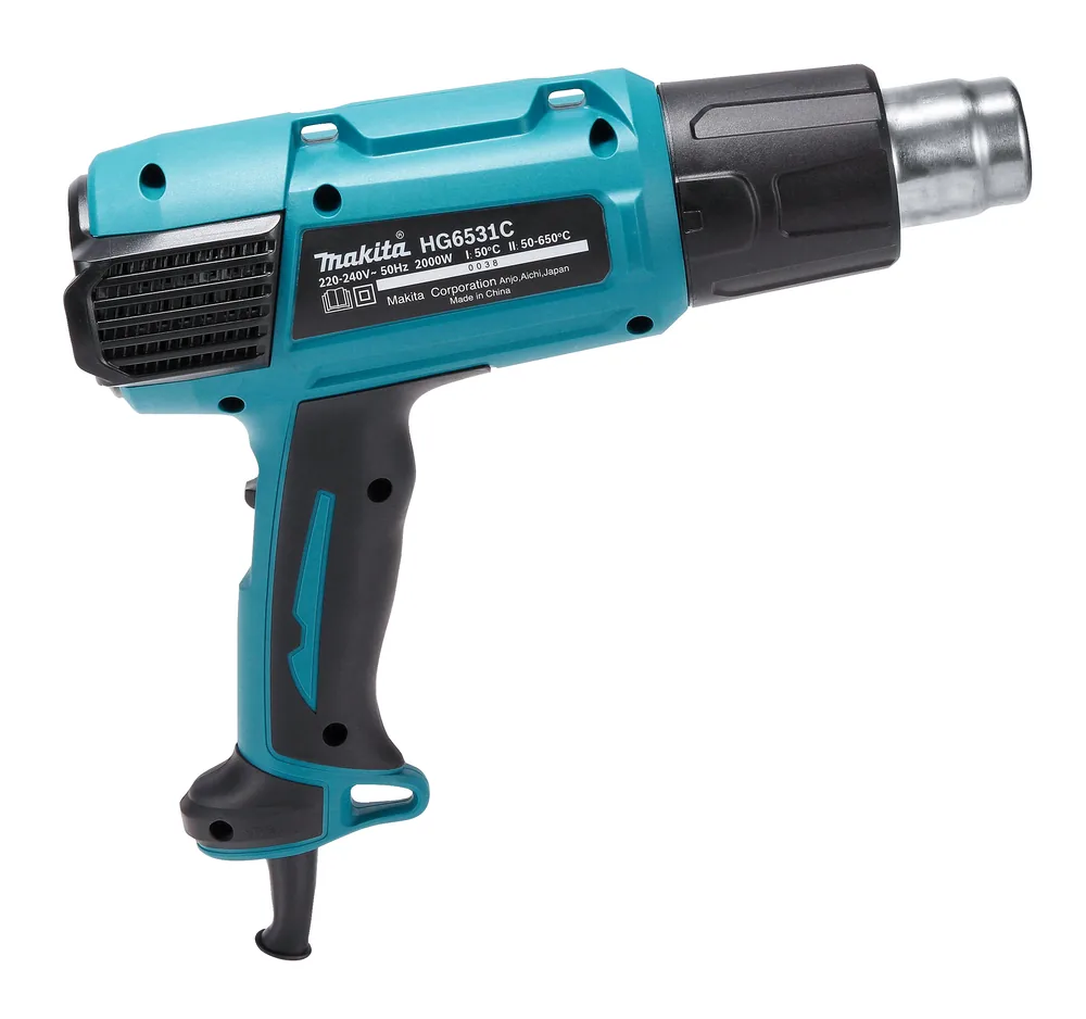 Makita HG6531CK Heißluftgebläse in der Seitenansicht mit Typenschild