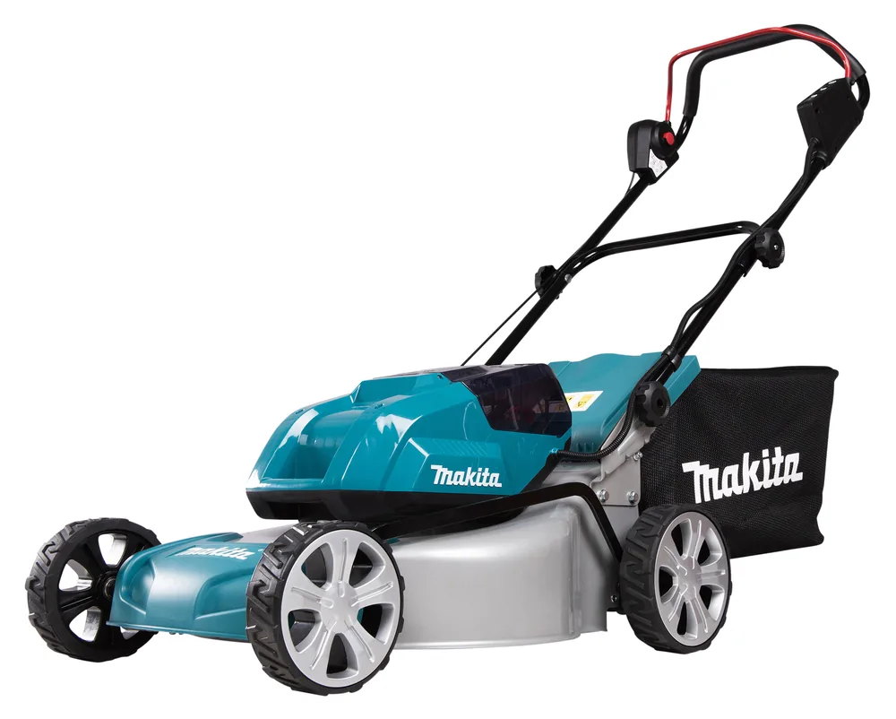 Makita DLM463Z Akku-Rasenmäher mit Alu-Deck und Fangkorb, Schrägansicht