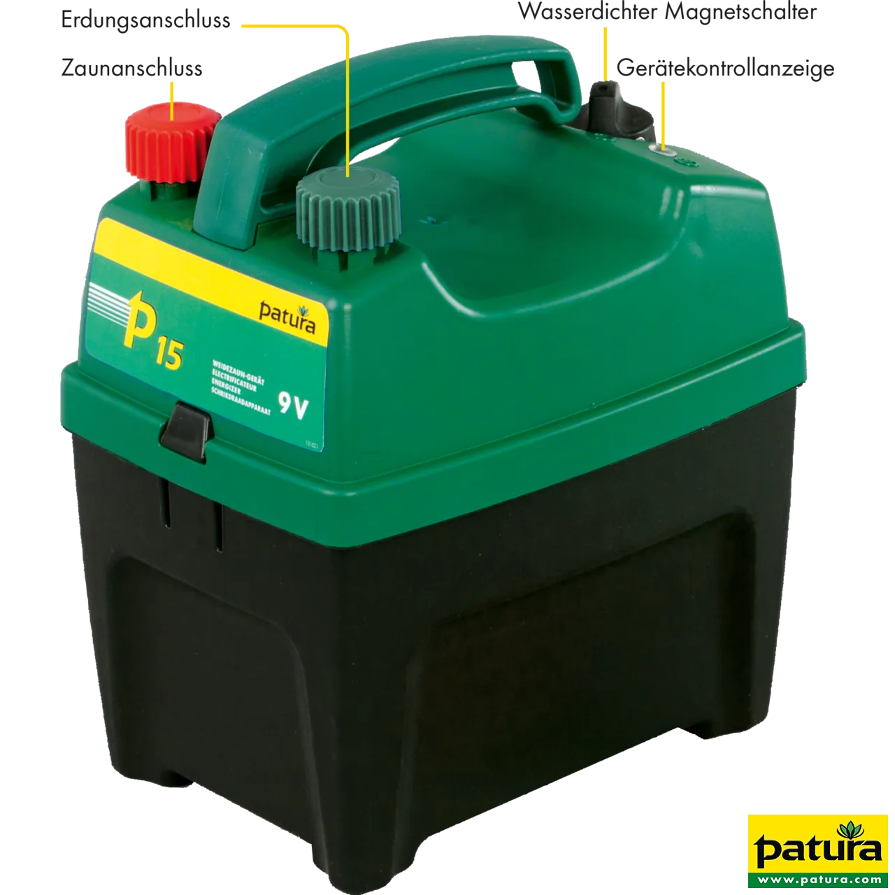 Patura P15 Weidezaun-Gerät für 9-V-Batterie mit beschrifteten Anschlüssen