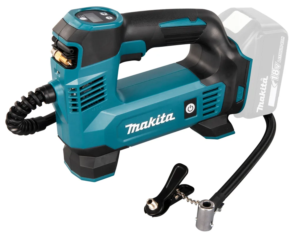 Makita Akku-Kompressor DMP180Z in Türkis-Schwarz mit Schlauch und Ventiladapter