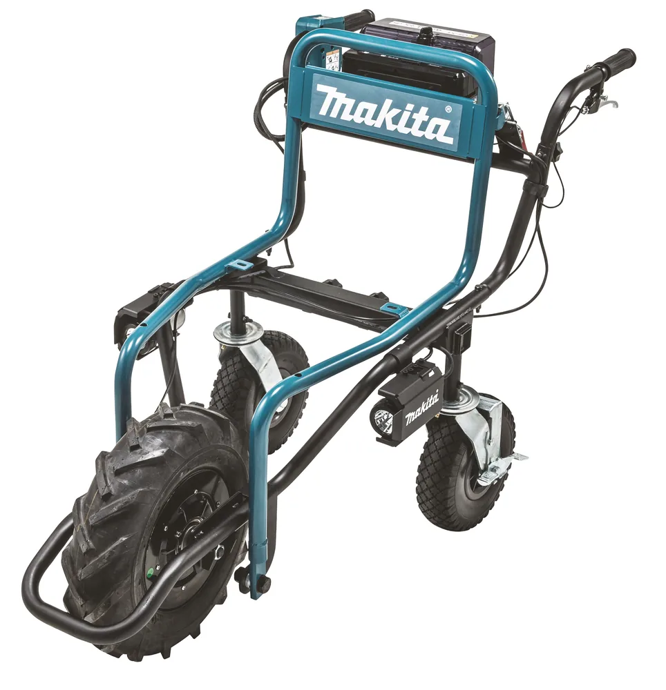 Makita Akku-Schubkarre DCU180Z, türkis-schwarzes Fahrgestell mit Geländerädern