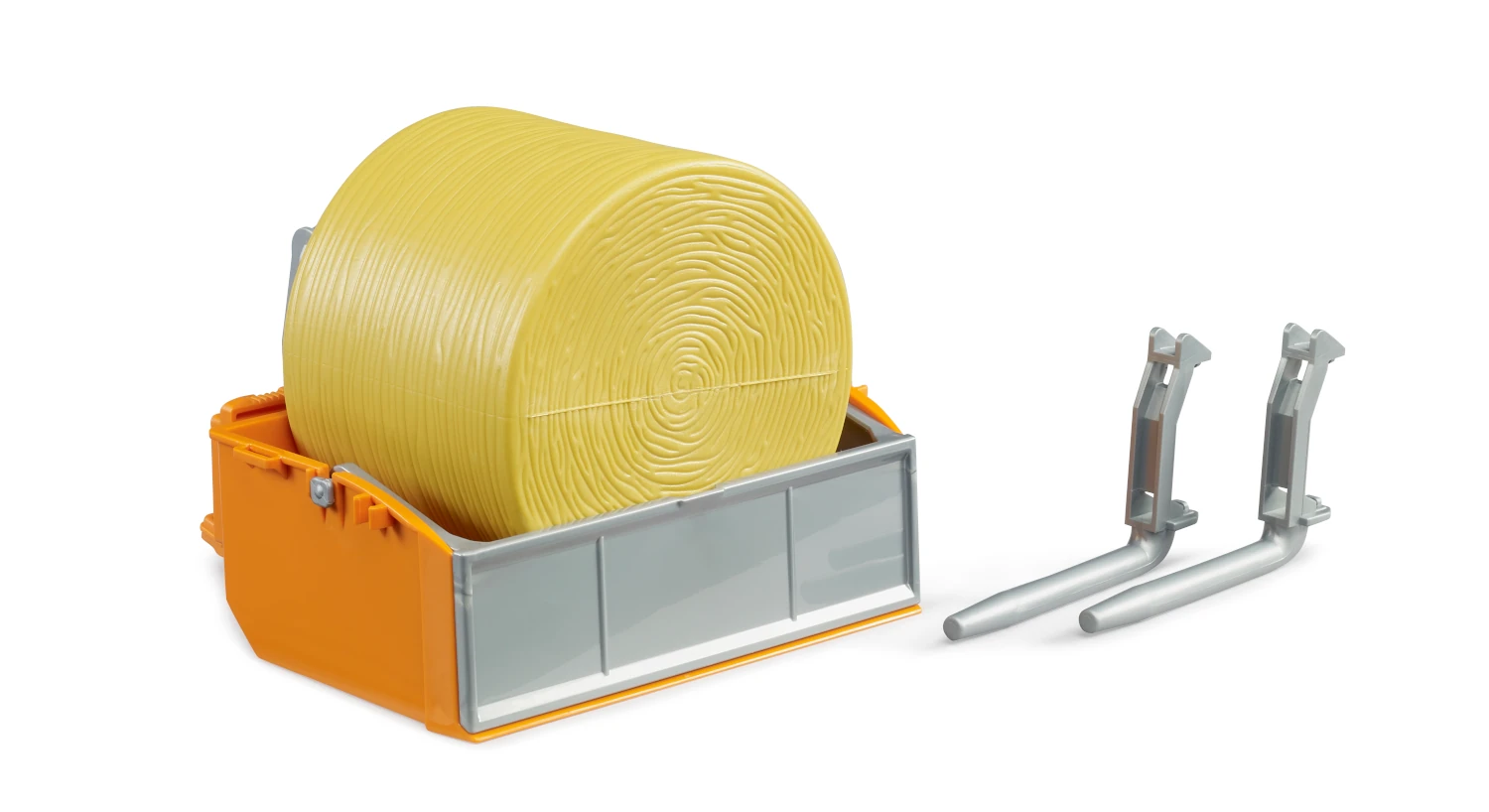 Bruder 02353 Zubehör-Set mit orangem Traktor-Ladekasten, Greifgabeln und gelbem Rundballen, 1:16