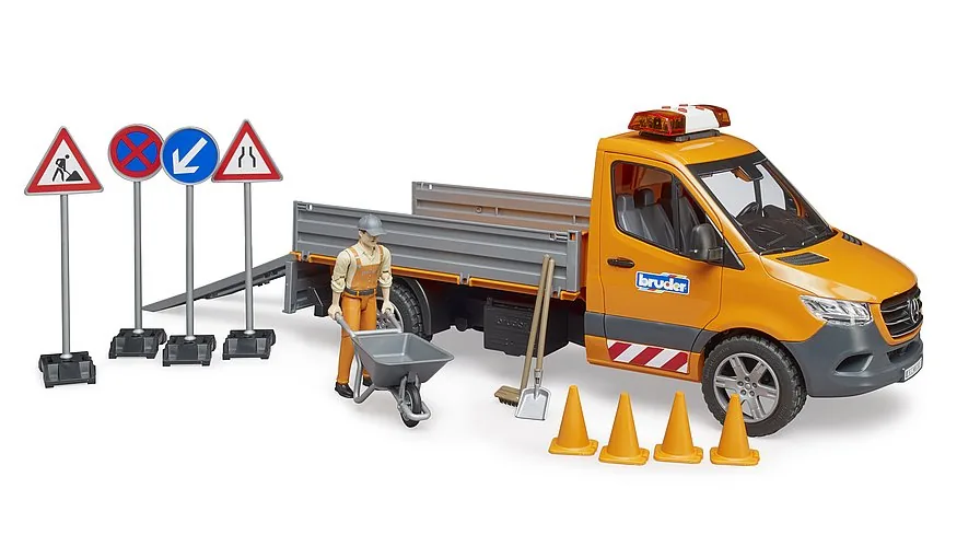 Bruder 02677 Mercedes-Benz Sprinter Kommunalfahrzeug in Orange mit Figur, Verkehrsschildern und Zubehör, 1:16