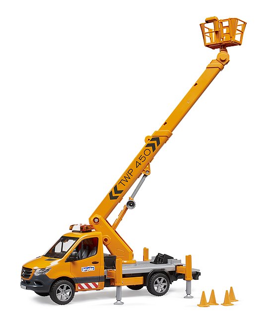 BRUDER MB Sprinter mit Arbeitsbühne und Licht & Sound Modul – Vielseitiges Servicefahrzeug im Maßstab 1:16 BRUDER MB Sprinter mit Arbeitsbühne und Licht & Sound Modul – Vielseitiges Servicefahrzeug im Maßstab 1:16