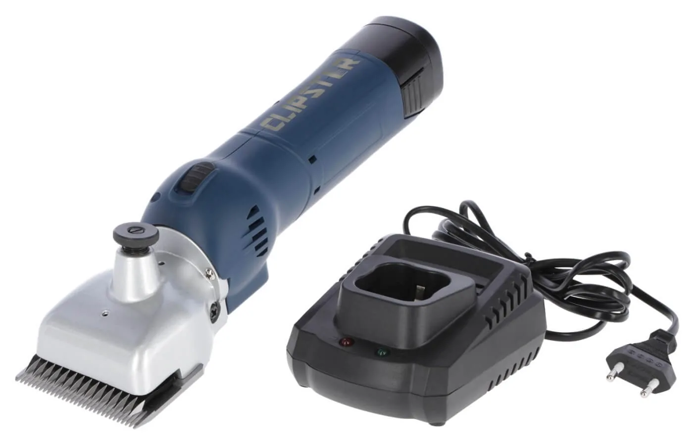 Blau-graue FarmClipper-Akku2-Schermaschine mit Ladegerät, freigestellt