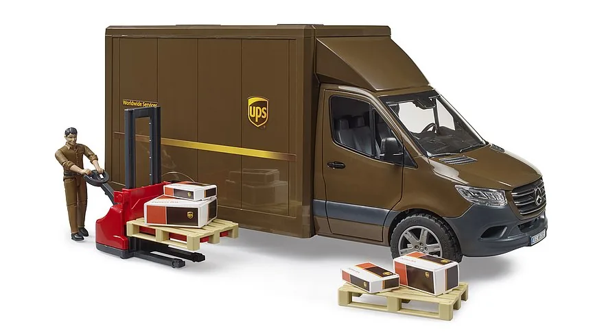 Bruder Mercedes-Benz Sprinter UPS-Lieferwagen in Braun mit Fahrer-Figur, Hubwagen und Paketen, 1:16