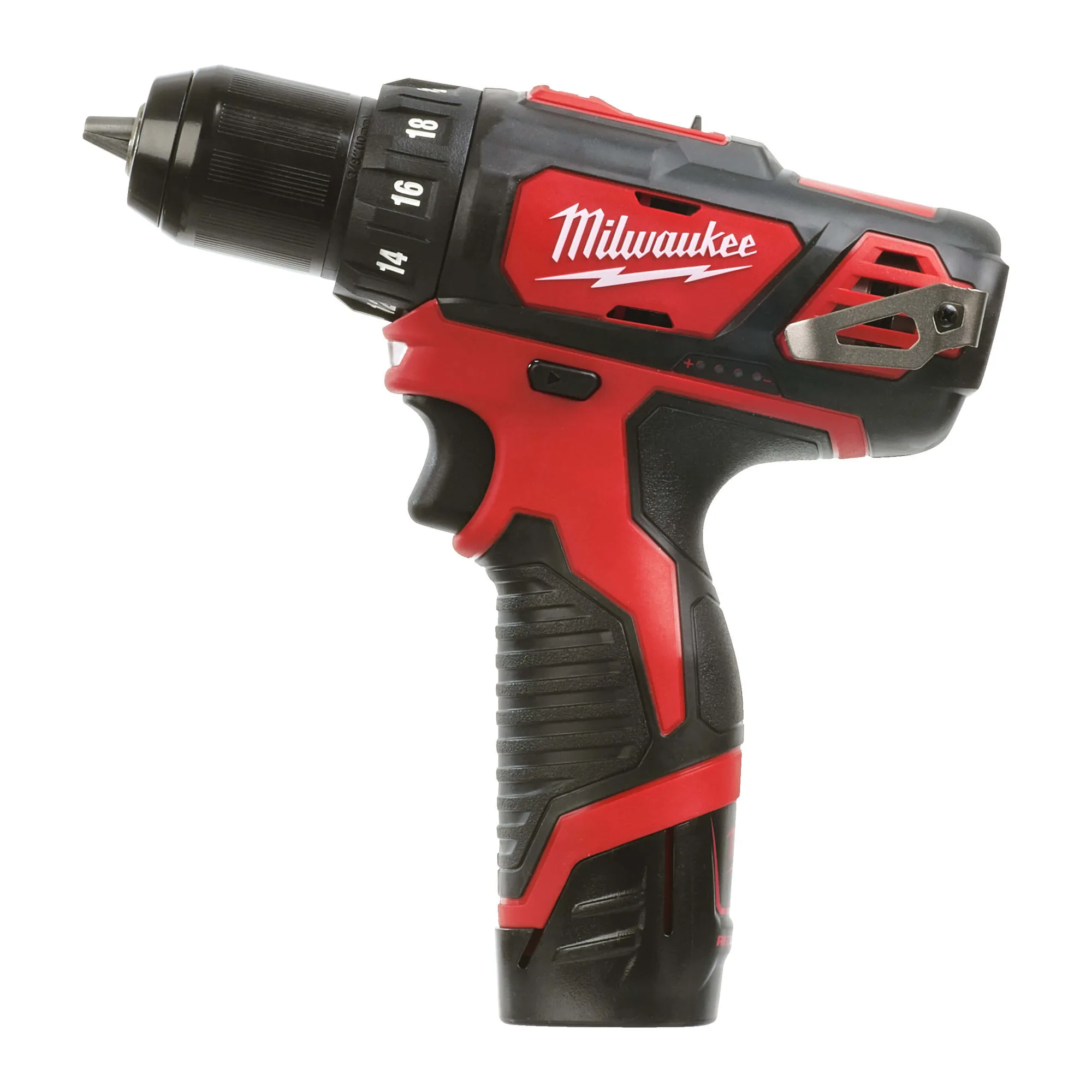 Milwaukee M12 BDD-201C Akku-Bohrschrauber in Rot-Schwarz mit Akku