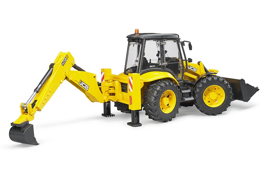 Ausgefahrene Stützen und beweglicher Heckbaggerarm am JCB Modell