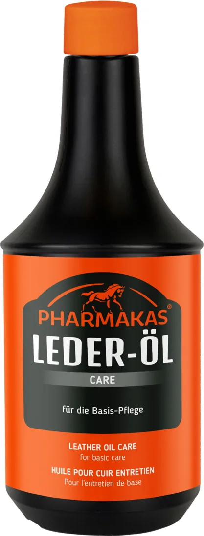 Pharmakas Leder-Öl in der schwarz-orangen Flasche, 1 Liter