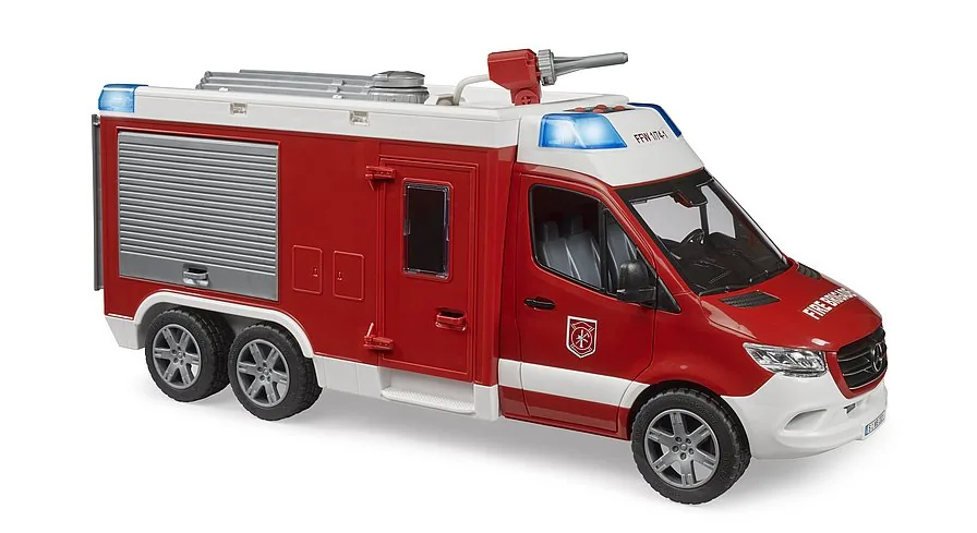 Bruder Mercedes-Benz Sprinter Feuerwehrfahrzeug in Rot-Weiß mit Rollladen und Wasserwerfer, 1:16