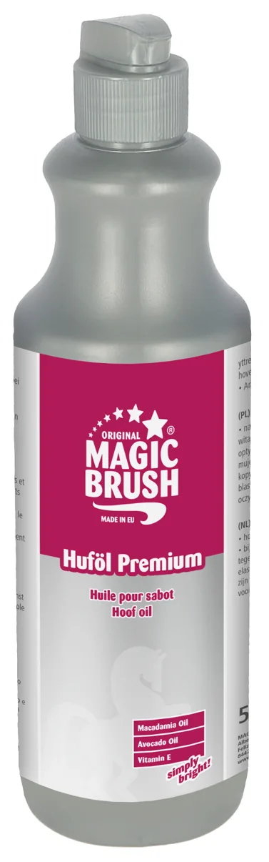 MagicBrush Huföl Premium in der silber-pinken Flasche mit Pinselkappe, 425 ml