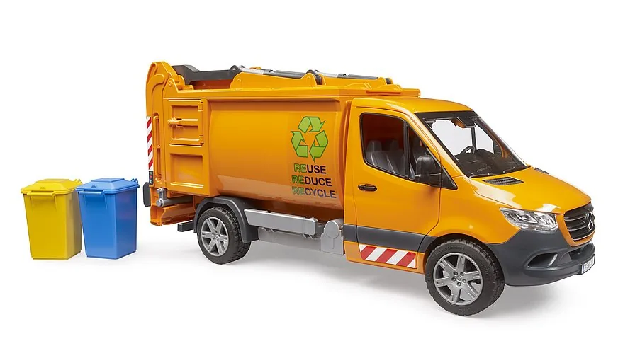 Bruder Mercedes-Benz Sprinter Müllfahrzeug in Orange mit Mülltonnen, Kommunalfahrzeug 1:16