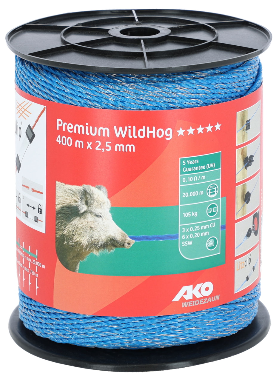 Weidezaunlitze Premium WildHog, blau, 400 m - Speziell für Wildtierabwehr entwickelt von Kerbl mit dicken, verzinnten Kupferleitern und hoher Leitfähigkeit. Ideal für Landwirte und Tierhalter zur Schutz von Weiden und Grundstücken.