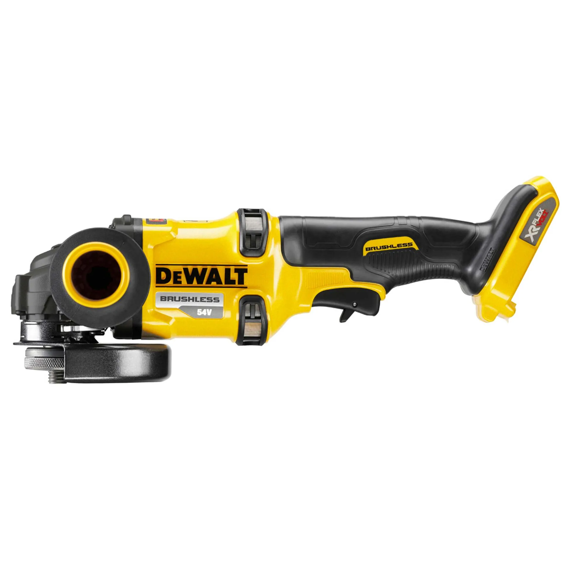 DeWalt DCG418NT 54V XR FLEXVOLT 125-mm-Winkelschleifer, Seitenansicht freigestellt