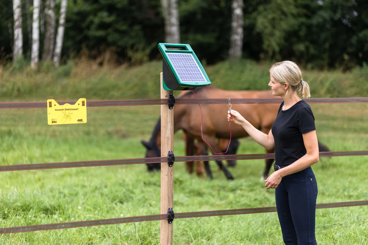 Frau am Weidezaun mit dem SunPower S1000 Solargerät, Pferd dahinter