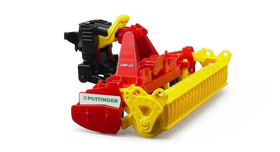 Bruder Pöttinger Lion 3002 Kreiselegge in Rot-Gelb, landwirtschaftliches Anbaugerät 1:16