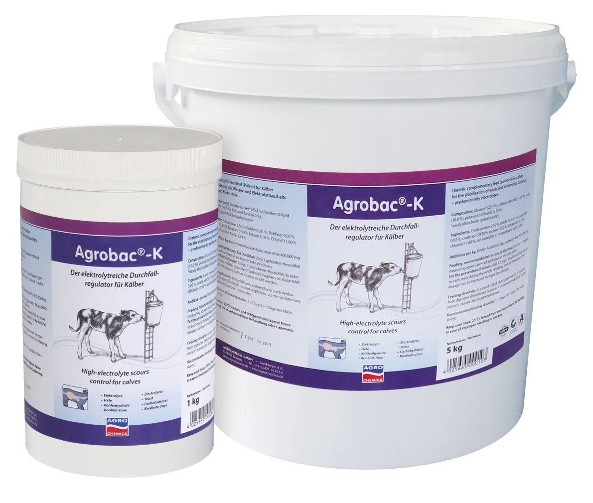 Agrobac-K Durchfallregulator als 1-kg-Dose und 5-kg-Eimer, freigestellt