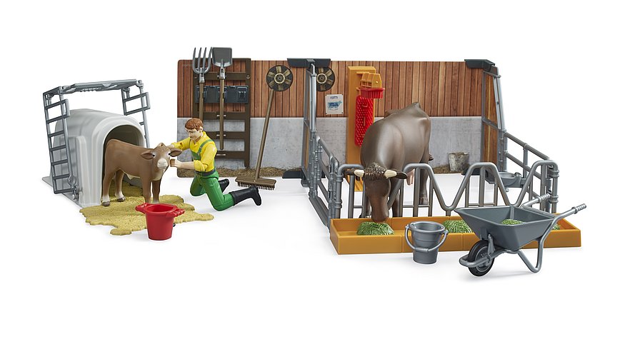 BRUDER bworld Kuh- und Kälberstall mit Landwirt, Kuh und Kalb – Authentisches Bauernhof-Spielset im Maßstab 1:16 BRUDER bworld Kuh- und Kälberstall mit Landwirt, Kuh und Kalb – Authentisches Bauernhof-Spielset im Maßstab 1:16