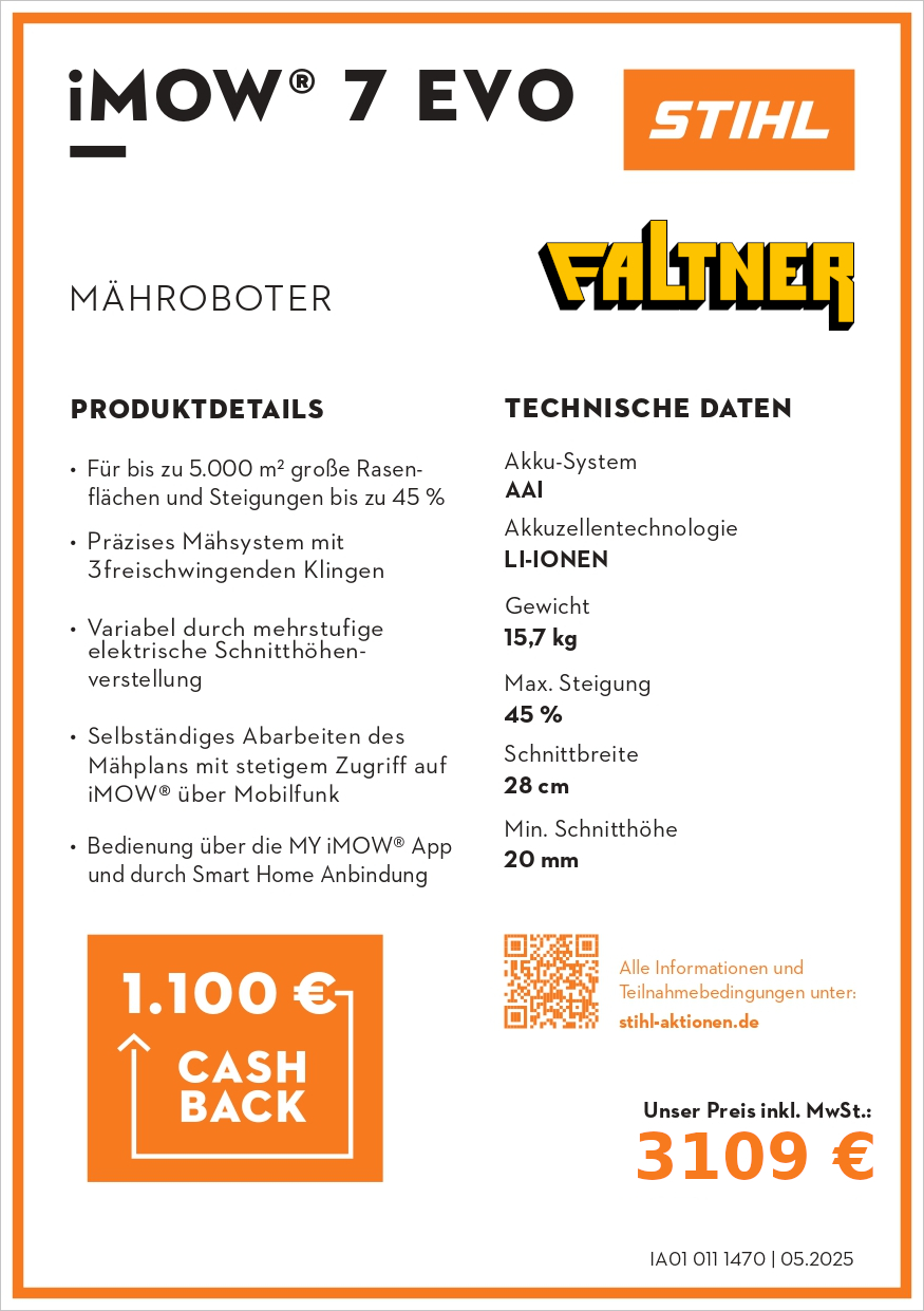 STIHL iMOW 7 EVO Mähroboter – 1 100 € Cashback, 4G-App, LED-Matrix & 28 cm Disc-Cut bis 5 000 m² Rasen STIHL iMOW 7 EVO Mähroboter – 1 100 € Cashback, 4G-App, LED-Matrix & 28 cm Disc-Cut bis 5 000 m² Rasen