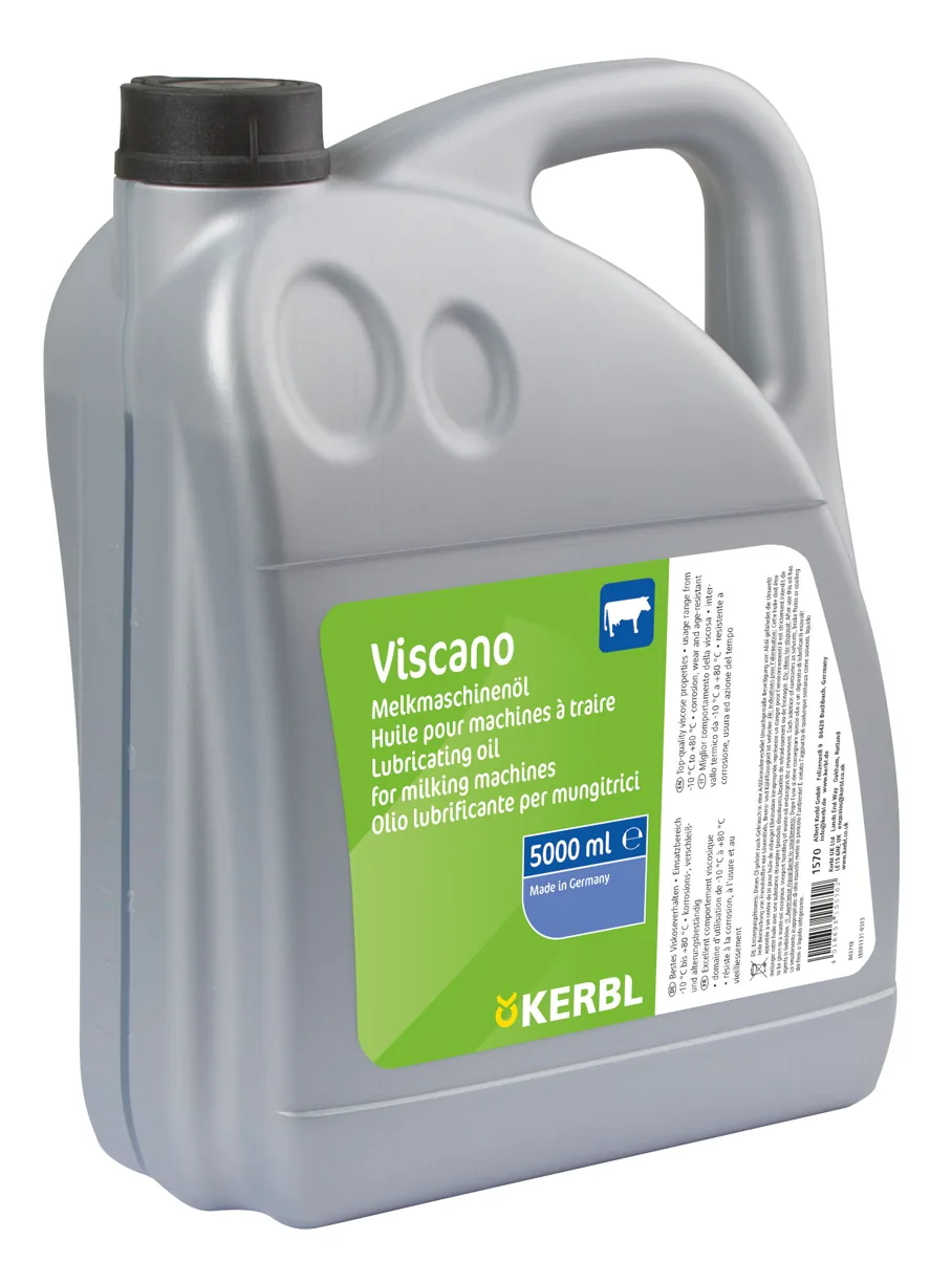 Kerbl Viscano Melkmaschinenöl im grauen 5-Liter-Kanister mit grünem Etikett