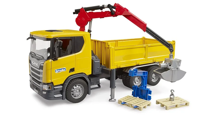 Bruder Scania Super 560R Baustellen-LKW in Gelb mit rotem Ladekran und Paletten, 1:16