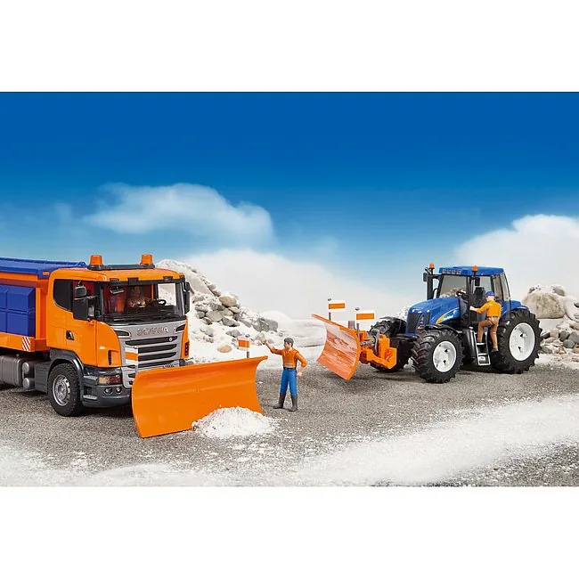 BRUDER Schneepflugaufsatz im Wintereinsatz mit Spielzeug-LKW und -Traktor