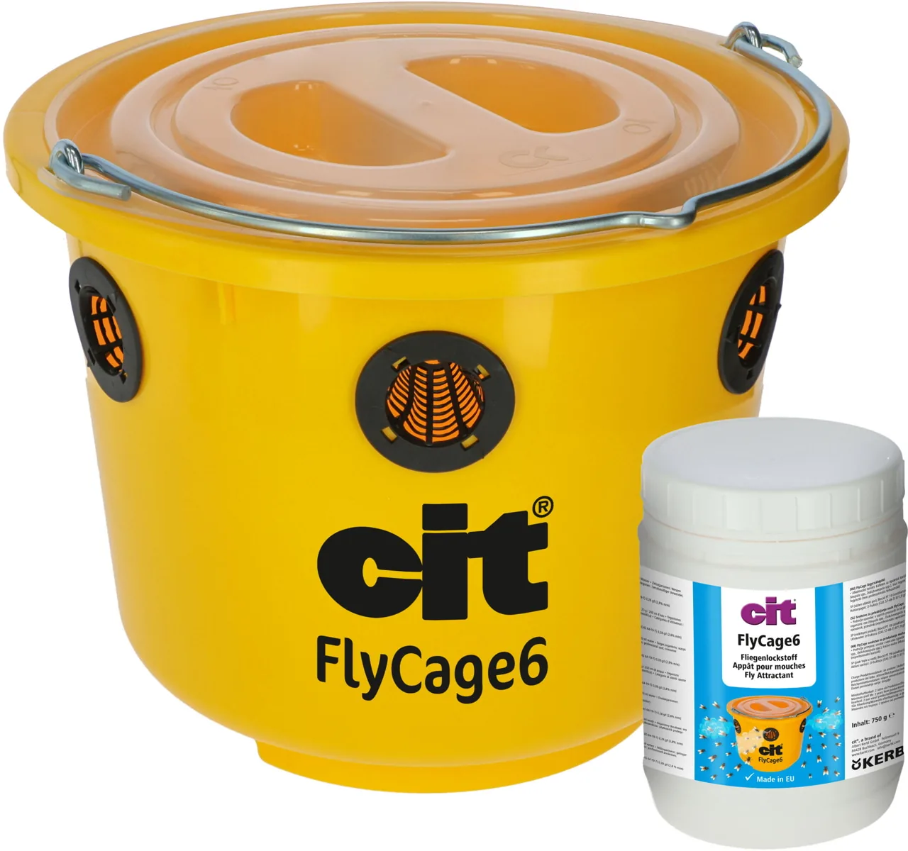 Kerbl cit FlyCage6 Fliegenfalle als gelber Eimer mit Lockstoff-Dose
