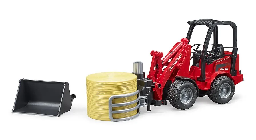 Bruder Schäffer 2630 Kompaktlader in Rot mit Ballengreifer, Rundballen und Schaufel, 1:16