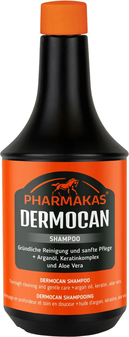 Pharmakas Dermocan Pferdeshampoo in der schwarz-orangen Flasche, 1 Liter
