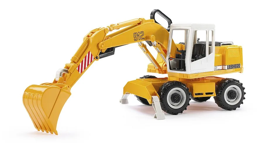 Bruder Liebherr 912 Schaufelbagger in Gelb auf Rädern mit Tieflöffel, Baustellenfahrzeug 1:16