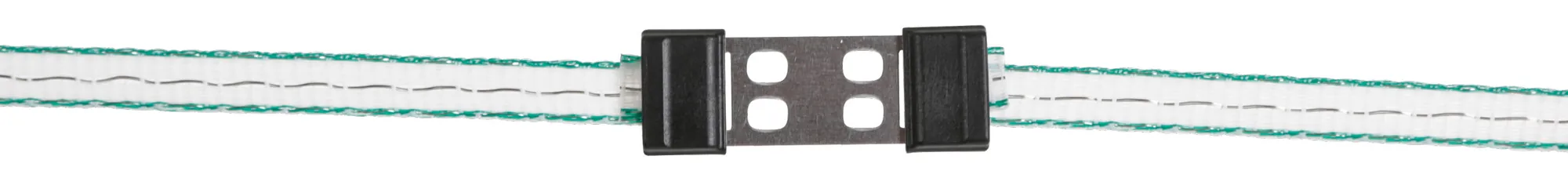Kerbl Bandverbinder 40 mm Litzclip auf weiß-grünem Band, Produktansicht