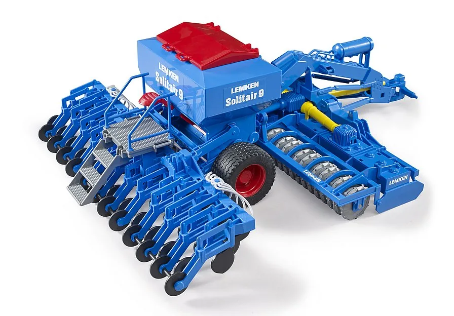 Bruder Lemken Solitair 9 Sämaschine in Blau mit rotem Saattank, landwirtschaftliches Anbaugerät 1:16