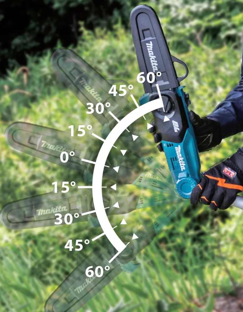 Sägekopf des Makita DUA200Z mit verstellbarem Schnittwinkel von 0 bis 60 Grad