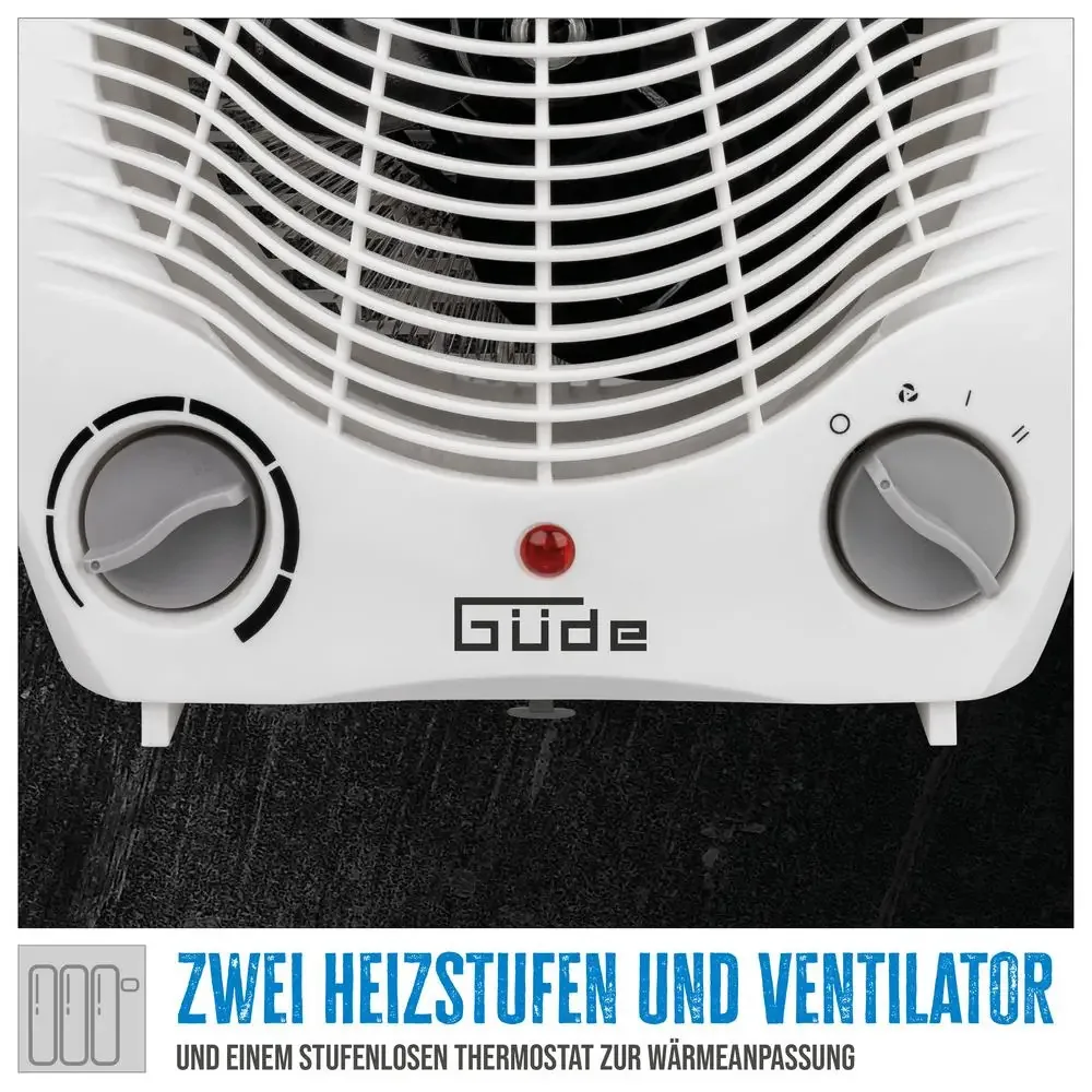Detail der Bedienelemente des Güde Heizlüfter GH 2000 mit zwei Heizstufen und Ventilator