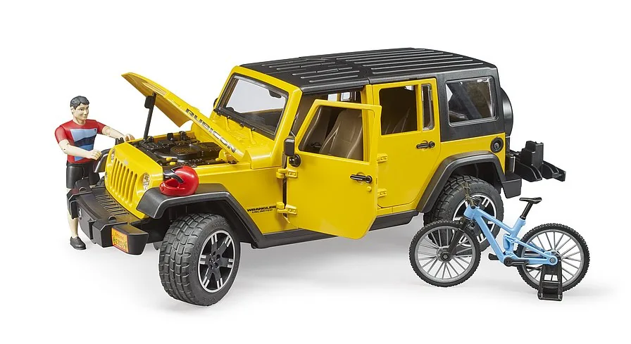 Detailansicht: Geöffnete Motorhaube und detaillierter Motorblock des gelben Jeeps