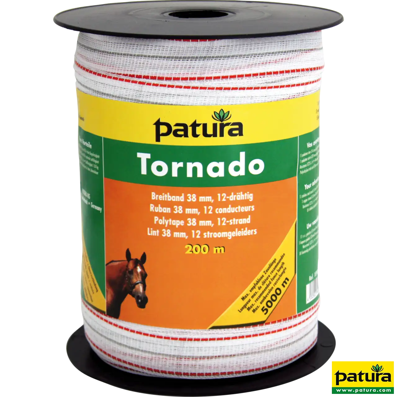Patura Tornado Breitband 38 mm weiß-rot auf 200-m-Rolle, 12-drähtiges Weidezaunband