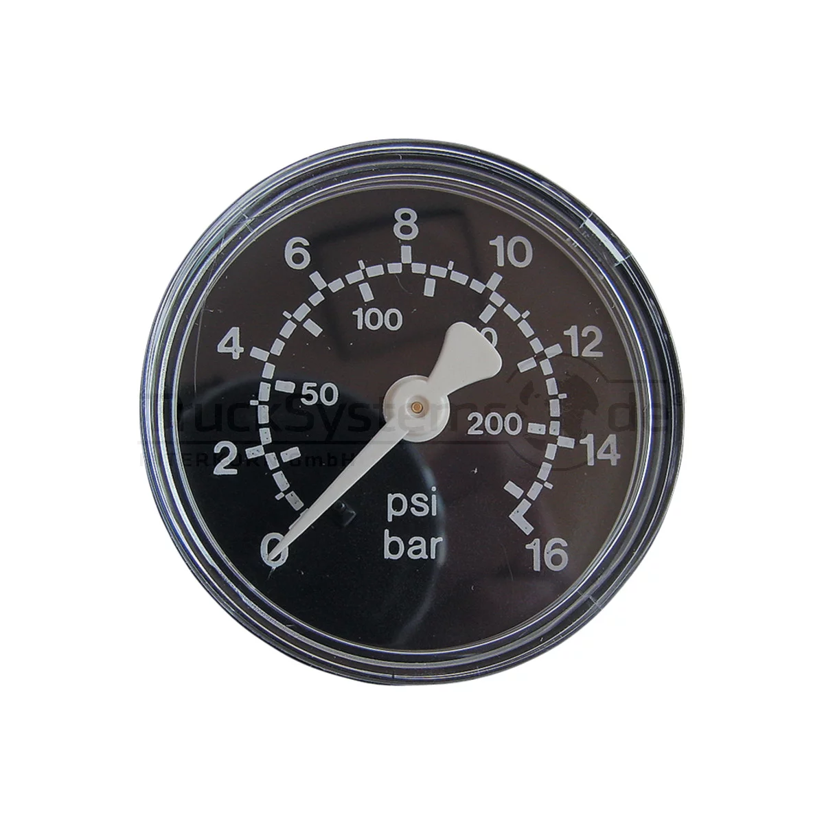 ewo Manometer Ø 50 mm, schwarzes Gehäuse mit Skala 0–16 bar und psi, Anschluss hinten