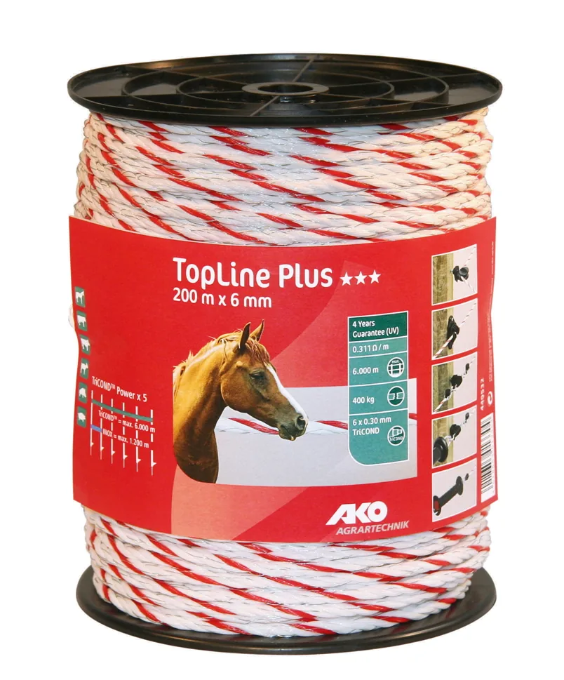 AKO TopLine Plus Weidezaunseil 6 mm auf Rolle in Rot-Weiß, 200 m