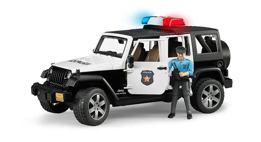 Bruder Jeep Wrangler Unlimited Rubicon Polizeifahrzeug in Schwarz-Weiß mit Polizist-Figur, 1:16