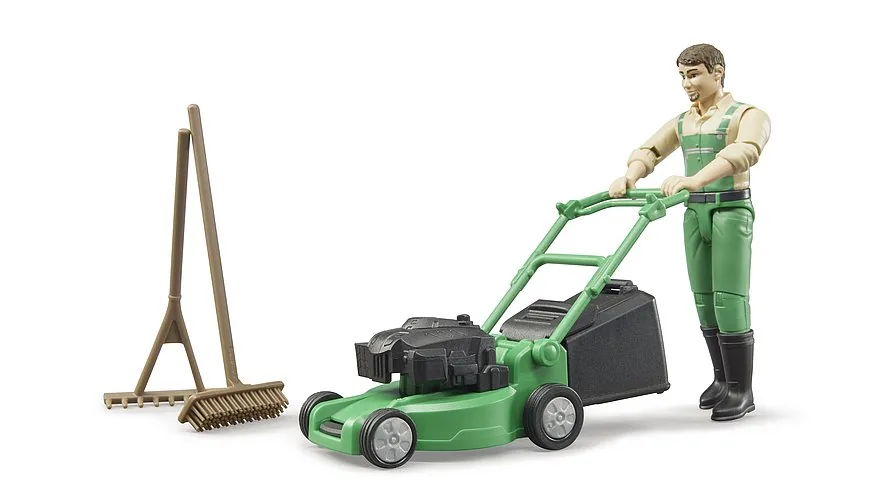 Bruder 62103 bworld Gärtner-Figur mit grünem Rasenmäher, Rechen und Besen, Maßstab 1:16
