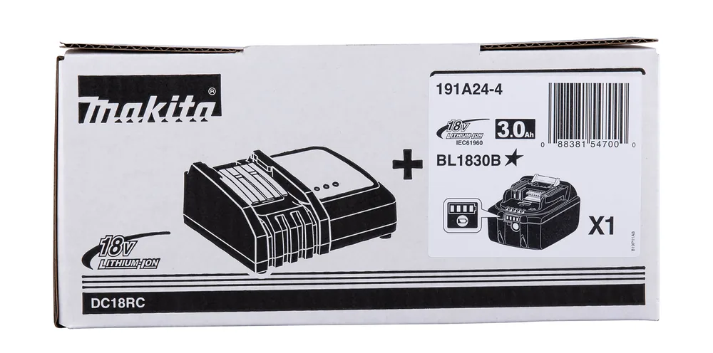 Verpackung des Makita Power-Source-Kits mit Ladegerät DC18RC und Akku BL1830B
