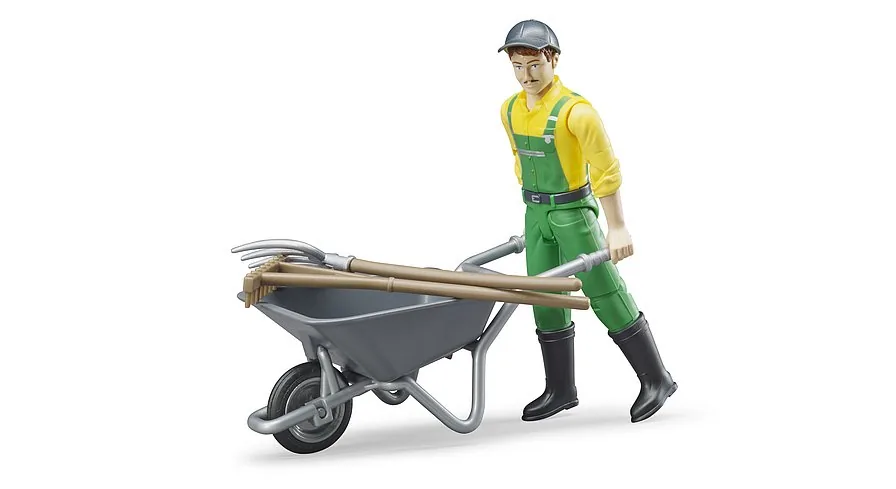 Bruder Bauernhof-Figur mit grüner Latzhose, Schubkarre und Gartengeräten, Spielzeug 1:16