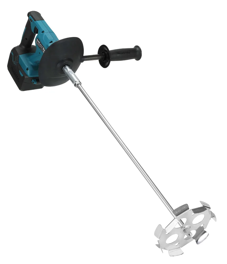 Makita DUT130Z Akku-Rührwerk in der Schrägansicht mit Rührkorb und Zusatzgriff