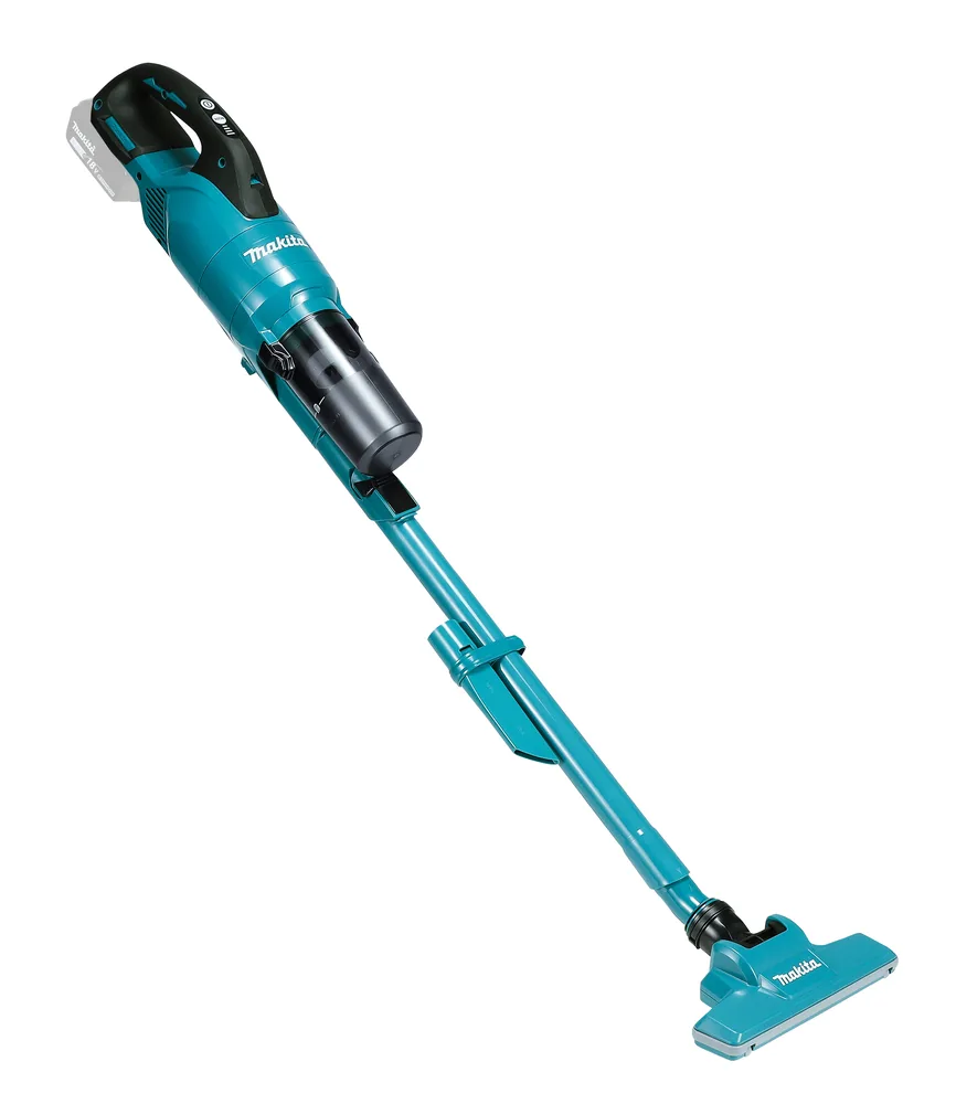Makita DCL286FZ Akku-Staubsauger stehend mit Bodendüse in der Schrägansicht