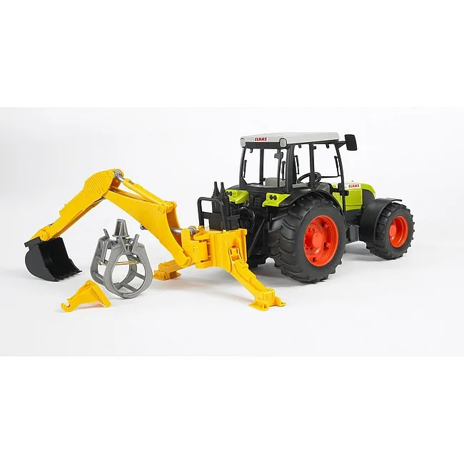 Claas Traktor mit angebautem Bruder Heckbagger für Grabarbeiten auf dem Feld