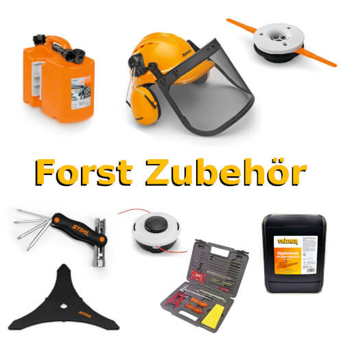 Professionelles Forst Zubehör für die Waldarbeit: Schutzausrüstung mit Helm, Zubehör für Freischneider und Werkzeug-Sets.
