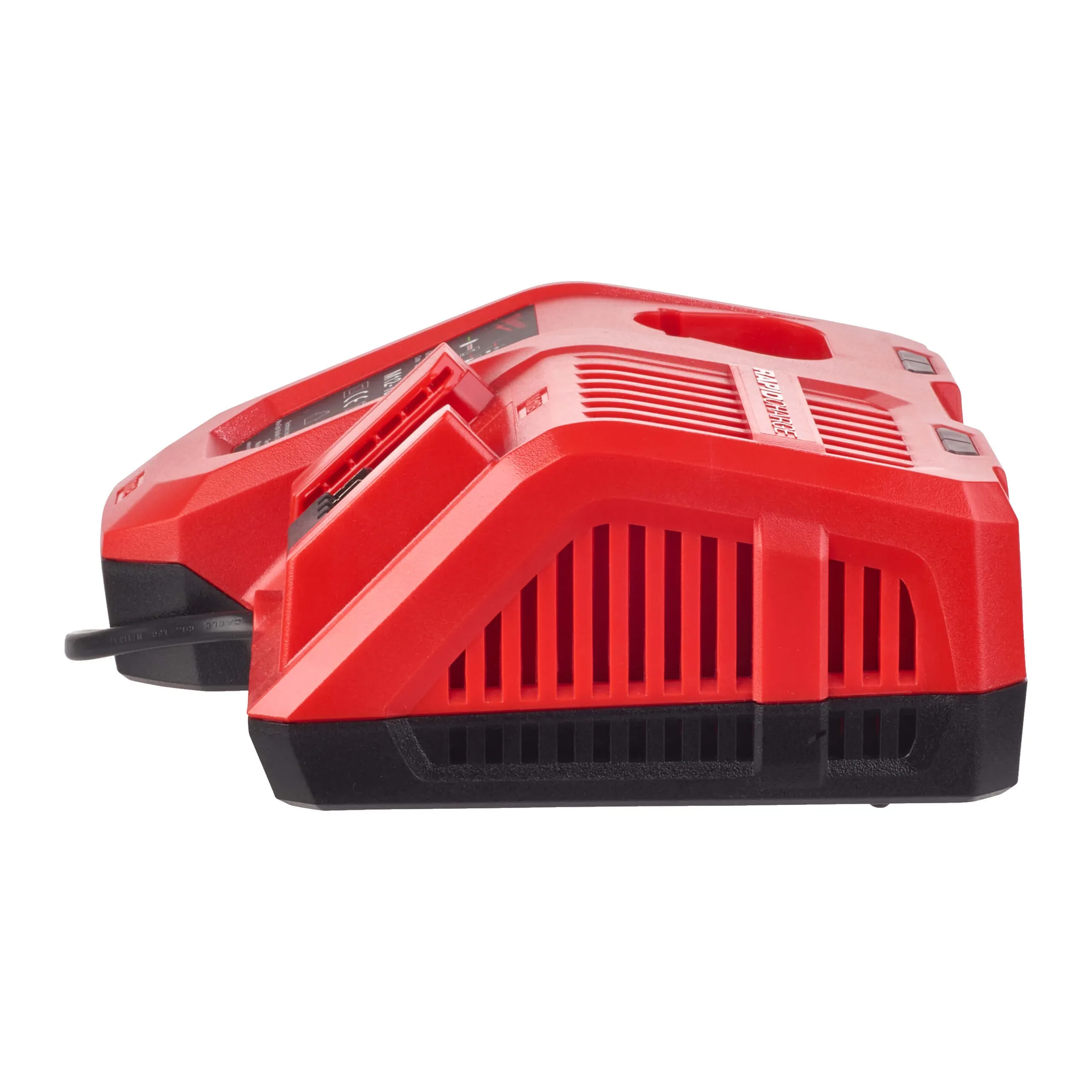 Milwaukee M12-18 FC Schnellladegerät in Rot, Seitenansicht