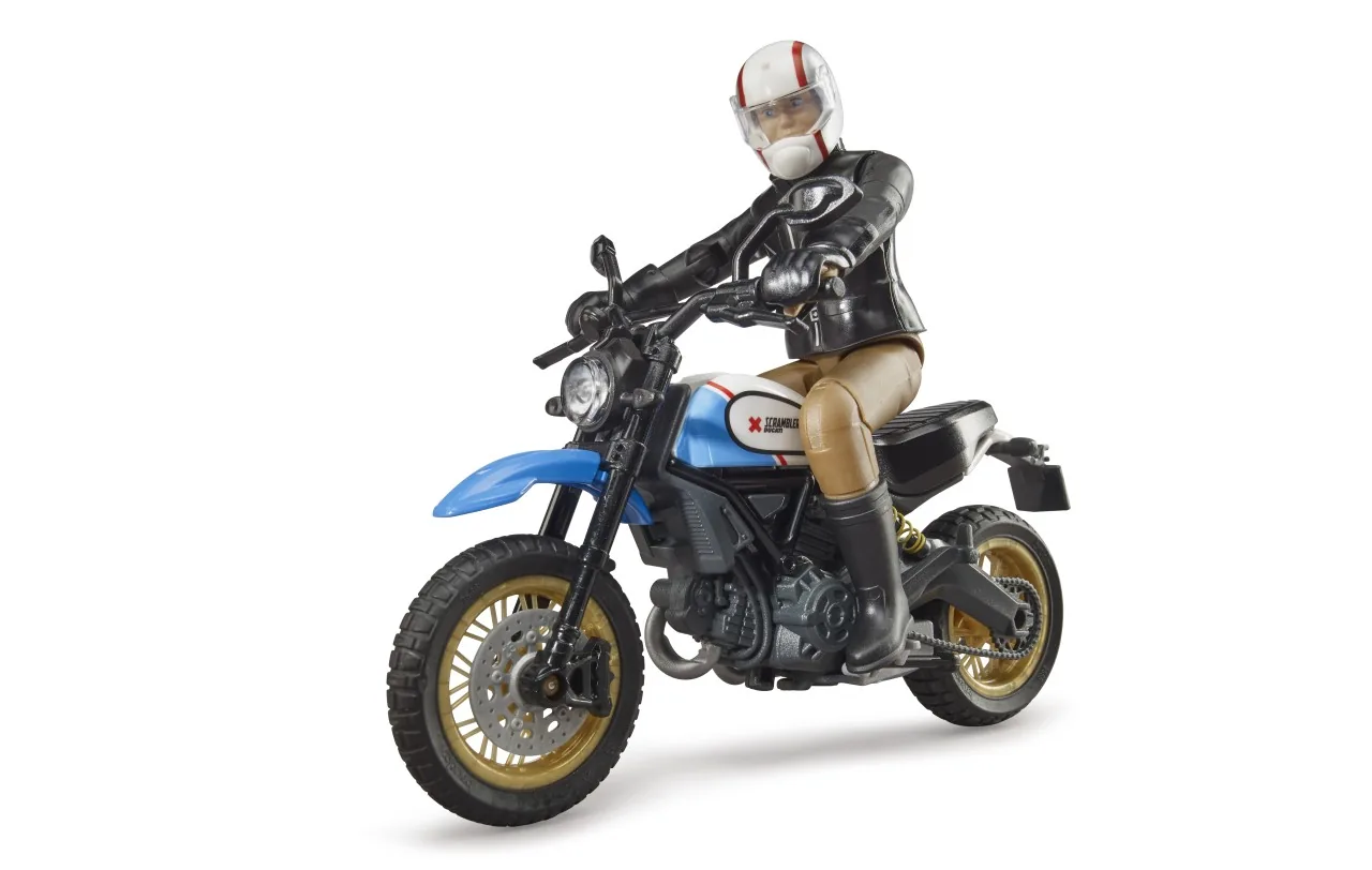 Bruder 63051 Ducati Scrambler Desert Sled in Blau mit Fahrer-Figur in schwarzer Lederkleidung, 1:16